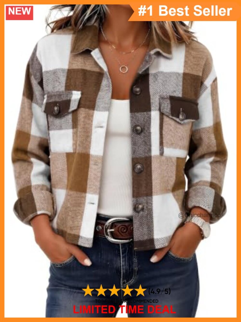 Cropped Shacket Button Down Plaid Jacket 100% Polyester